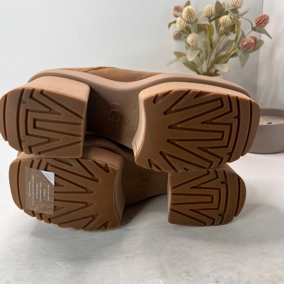 UGG Classic Mini New Heights Platform Suede Boots Chestnut Women's 10 Tried On - Picture 8 of 11